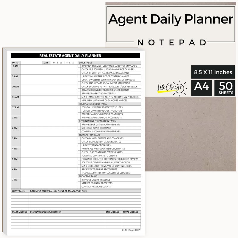 Life Charge Real Estate Agent Supplies - Daily Planner Task List Notepad. Simple one page document with calendar, task lists, call and mileage log. Keep organized & focused on selling real estate. 8.5 X 11 - Image 2